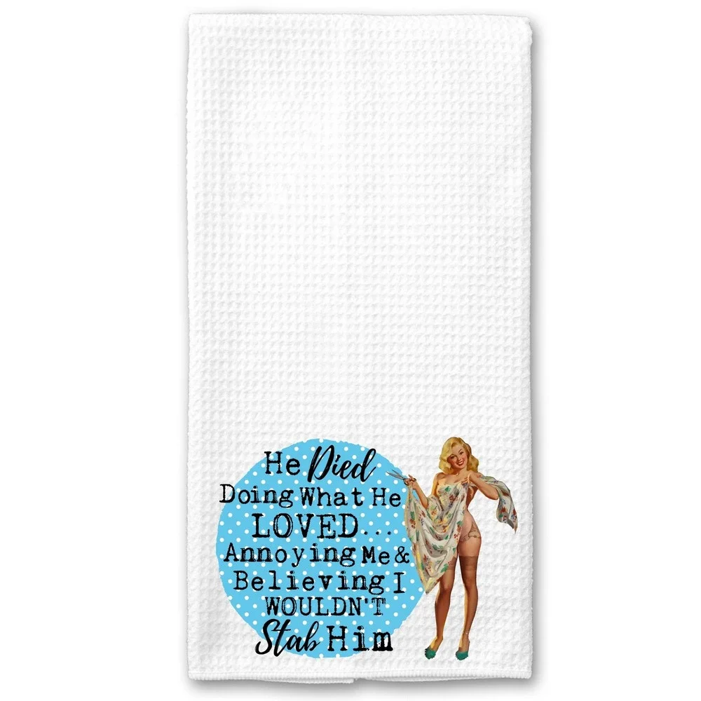 Funny Retro Pinup Waffle Weave Kitchen Towel White Blue Polka Dot Snarky Decor